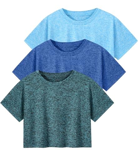 Image of Ullnoy 3 Pack Women's Athletic Workout Crop Tops Dry Fit Gym Cropped Sports Shirt Loose Casual Short Sleeve Yoga T-Shirt D Blue/Navy/Blue L