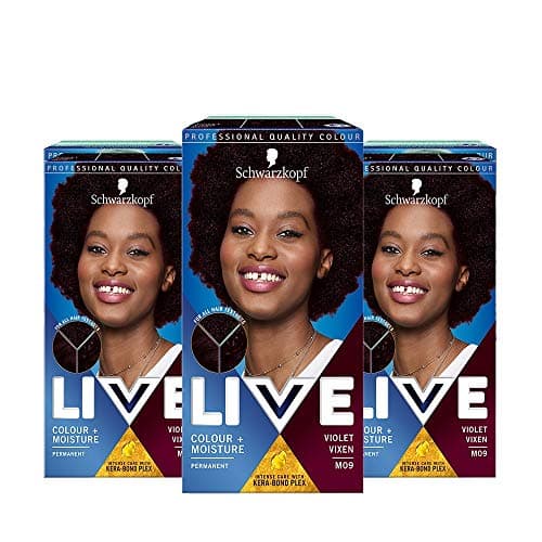 Image of Schwarzkopf Live Colour + Moisture Dark Purple Hair Dye, 3-Pack Permanent Intense Care with Kera-Bond Plex, M09 Violet Vixen