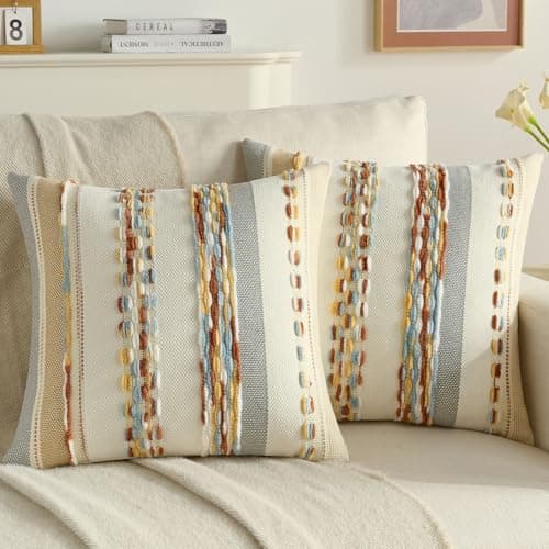 Image of FUTEI Set of 2 Chenille Tufted 45cm x 45cm Coastal Cushion Covers Soft Striped Textured Scatter Pillow Covers 45 x 45 cm Modern Boho Accent Cushions for Sofa Bed Living Room, Rust+Blue+Yellow