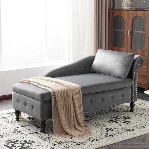 Image of LULUWA Velvet Chaise Lounge Sofa with Storage Upholstered Chaise Lounge Couch with Pillow for Living Room Modern Nailhead-Trim & Button-tufted Chair Bedroom and Office Right Armrest (Grey)