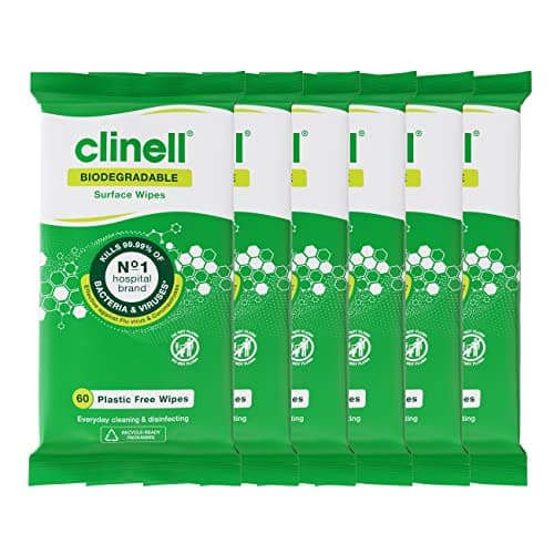 Image of Clinell Universal Biodegradable Cleaning and Disinfectant Wipes for Surfaces - Pack of 6 - 60 Wipes per Pack (360 Wipes) - Plastic Free - Multi-Purpose Wipes, Kills 99.99% of Bacteria & Viruses, Green