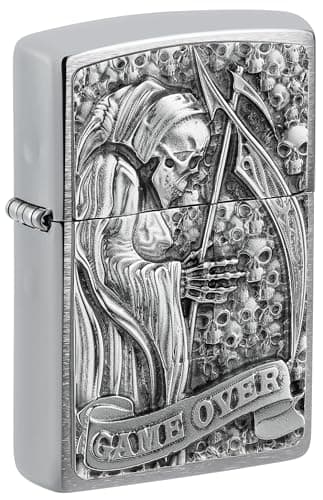 Image of Zippo Windproof Lighter - Reaper Game Over 3D, Brushed Chrome, Emblem - Refillable - Reusable - Windproof Design - Gift Box - Made in USA