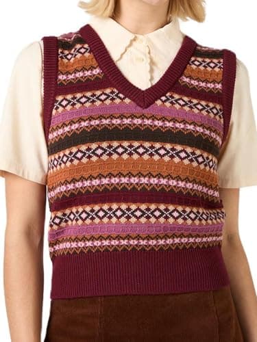 Image of Yoisdtxc Women Ribbed Knit Sweater Vest Cherry Fish Pattern Sleeveless Crew Neck Loose Fit Pullover Tank Tops for Fall Winter (E-Brown, S)