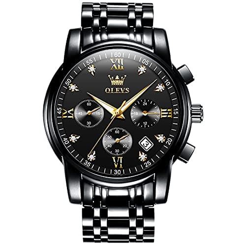 Image of OLEVS Mens Watches Big Face All Black Stainless Steel Chronograph Watches for Men Classic Roman Numerals Diamond Men's Watch Waterproof Luminous Analog Quartz with Date Men's Wrist Watch