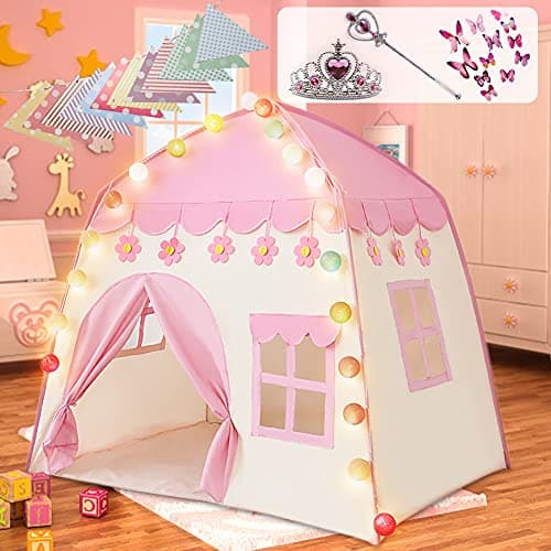 Image of Labeol Princess Castle Play Tent Large Kids Play House for Indoor and Outdoor with Cotton Ball Lights Crown Magic Wand Safety Non-toxic Great Gift for Girls 130 * 100 * 130