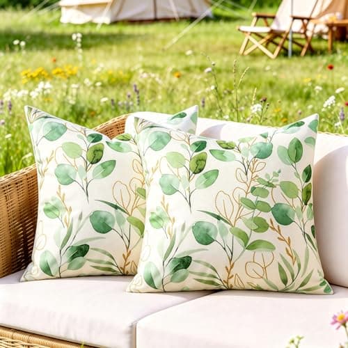 Image of DecorMommt Cushion Cover 45 x 45 cm, Green Eucalyptus Leaves, Summer Cushion Covers, Spring Decoration Cushion Cover, Pack of 2, Decorative Cushion Cover for Sofa, Car, Home, Bed, Office, Cafe, Garden