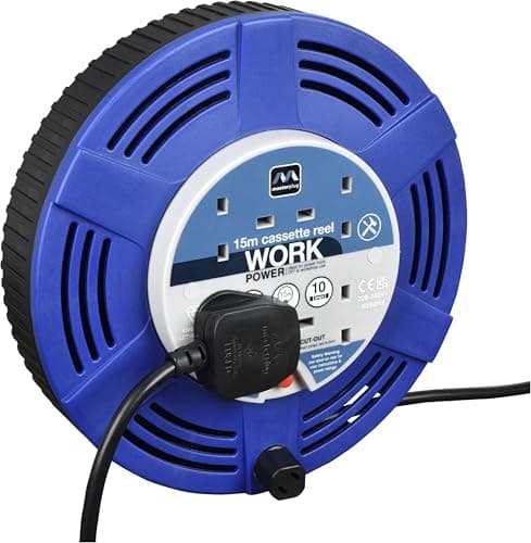 Image of Masterplug Four Socket 15 Metre Cassette Reel, Large Extension Lead Cable Reel, Wind-Up Retractable Power Cord Reel, Thermal Cut Out, Work Power, Blue/Black, 10A, 4G, 15m, LCT1510/4BL