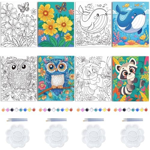 Image of WEBEEDY 4 Styles Pre-Drawn Canvas Painting Kit 20x25cm/8x10 inch for Sip and Painting Party, Animal Flower Printed Canvas for Adults Paint Supplies Birthday Gift
