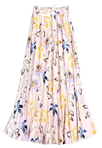 Image of Coolwife Womens High Waist Skirts Midi Swing Pockets Elastic Waist A Line Boho Floral Print Skirt (Lily Pink)