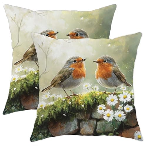 Image of Bird Pillow Covers Set of 2, Gray and Orange Robin Throw Pillows Case, Spring Decorative Square Farmhouse Decor Cushion Covers for Home Sofa Bed Couch 18x18 Inch