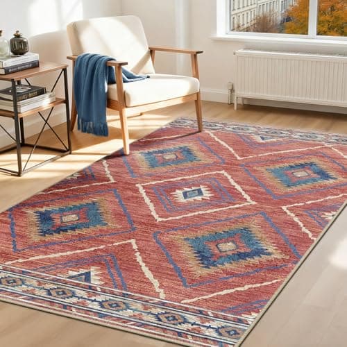 Image of DEFYNEE Machine Washable Rugs Living Room, 90x150 cm Kitchen Rugs Non Slip, Soft Short Pile Vintage Red Rugs for Bedroom, Moroccan Rug for Hallway, Bedroom, and Kitchen, Red