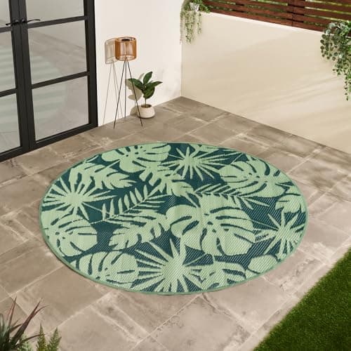 Image of OHS Round Rug Palm Print, Weather Waterproof Reversible Round Outdoor Rug Foldable Garden Rugs Non Slip Easy Clean UV Decking Lawn Patio Carpet Outdoor Mat, Green - 170cm