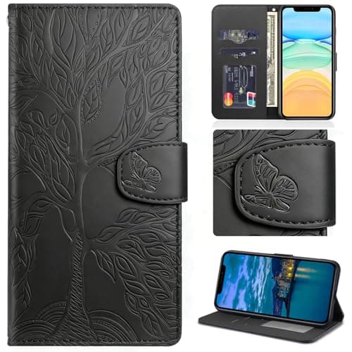 Image of Aisenth for iPhone 7 Plus/8 Plus Flip Case, The Tree of Life Embossed PU Leather Wallet Phone Folio Case Magnetic shockproof Protective Cover with Stand, Card Slots + 1 pcs Wrist Strap (Black)