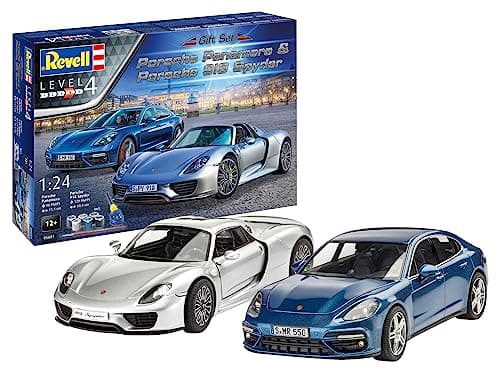 Image of Revell Gift Set 05681 Porsche 918 Spyder & Panamera 1:24 Scale Unbuilt Plastic Model Kits with Contacta Professional Glue, Paintbrush & Selected Aqua Color Paints