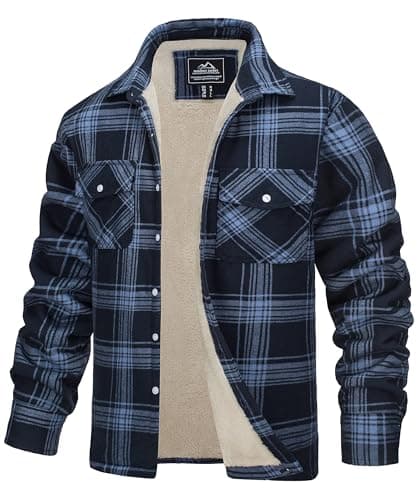 Image of TACVASEN Winter Jackets for Men Outdoor Work Jackets Warm Fleece Checked Jacket Cotton Lumberjack Shirt with Pocket Grey Blue 3XL