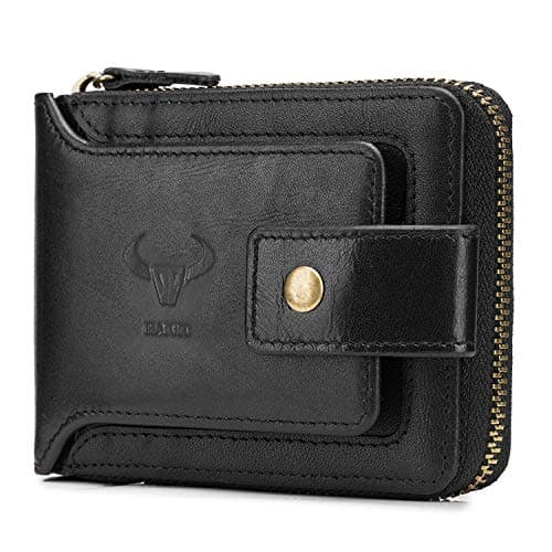 Image of BAIGIO Bifold Men's Cowhide Leather Zip Around Wallet Vintage Travel Multi Card Holder Purse (Black)