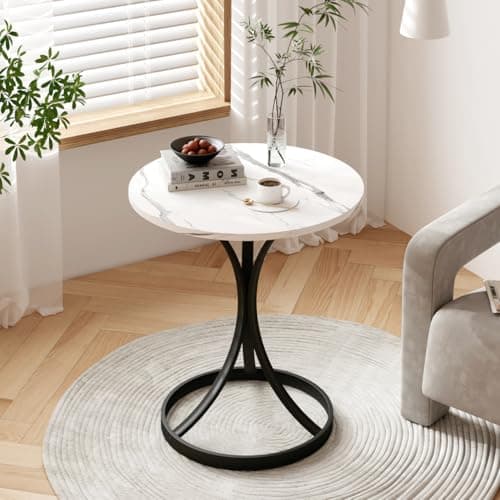 Image of Homullel Vintage Round Side Table, End Table, Nightstand, Coffee Table, White Marble, W50 x D50 x H56 cm
