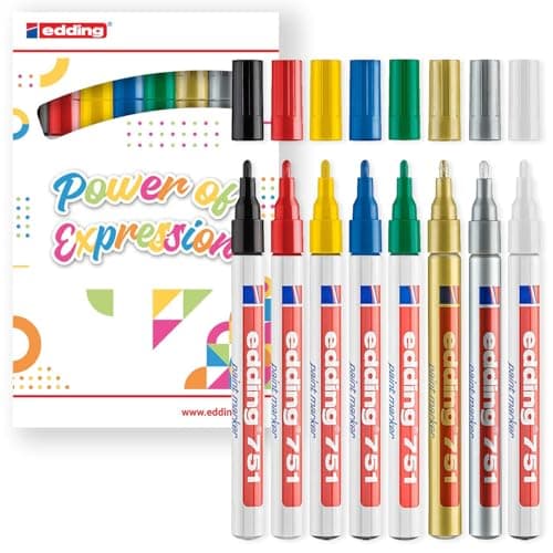 Image of edding 751 gloss paint marker - basic colours - pack of 8 paint markers - round nib 1-2 mm - paint pen for glass, pebbles, wood, plastic, paper - waterproof, high coverage