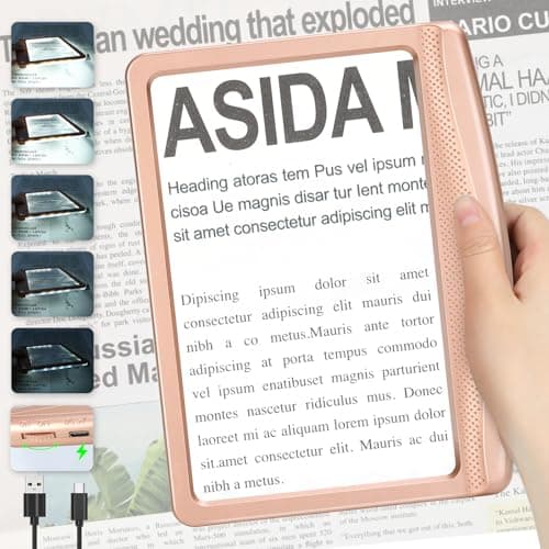 Image of Tobegiga 5X Rechargeable Magnifying Glass for Reading, Full Page Magnifier with Dimmable LED, Lightweight HandHeld Magnifying Glass with Light for Reading Books, Small Print for Seniors, Rose
