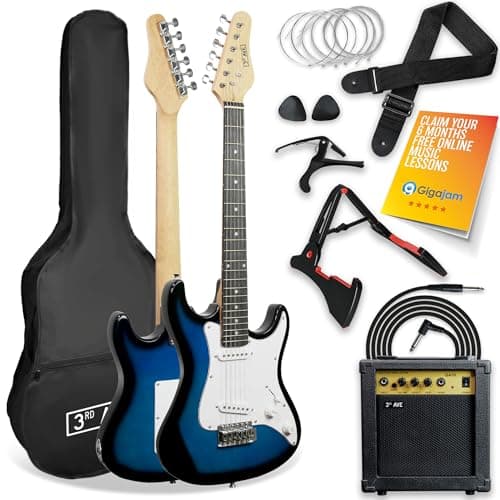 Image of 3rd Avenue XF 3/4 Size Electric Guitar Ultimate Kit with 10W Amp, Cable, Stand, Gig Bag, Strap, Spare Strings, Picks, Capo – Blue