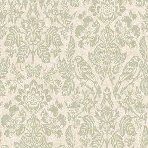Image of Hawthorn Meadow Woodland Damask Textured Blown Vinyl Wallpaper with Trees, Birds, Animals Living Room, Hallway, Bedroom Wallcovering Sage Green Holden 76001