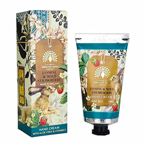 Image of The English Soap Company Anniversary Jasmine and Wild Strawberry Hand Cream - Moisturising Formula with Shea Butter, Aloe Vera and Beeswax - Recyclable Aluminium Tube, Made in England - 75ml