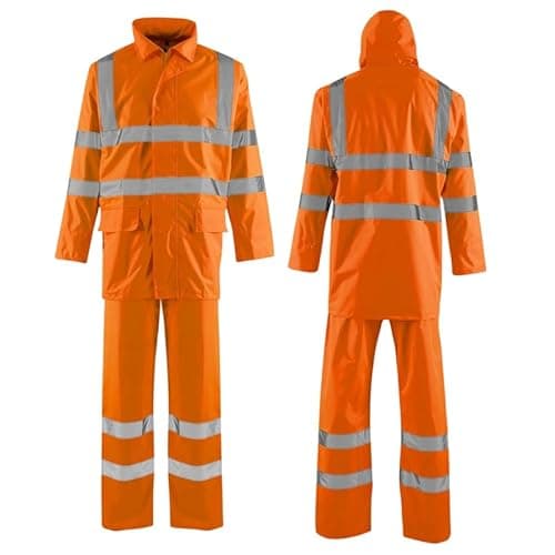 Image of Hi Vis Waterproof Rainsuit 2 Piece Jacket & Trousers Set – High Visibility Workwear Safety Rain Suit Overalls Protective Clothing Outdoor Work Unisex Lightweight Synthetic Waterproof Orange XL