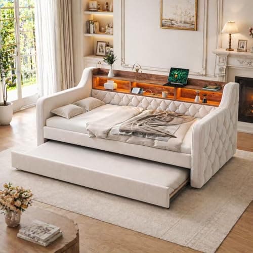 Image of RIAZOS Upholstered Bed with Pull-Out Bed, 3ft Daybed Sofa Bed 90x190 cm with Storage, LED Ambiance & USB-C Port, Slatted Frames & Metal-Wood Frame,for Bedrooms,Guest and Youth Rooms (Beige)