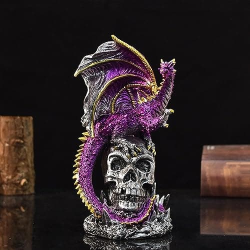 Image of BigTree Skull Figurine Resin Black - Purple Dragon Skeleton Sculpture Statue - Halloween Decoration Gothic Ornament - Home Office Desktop Decor 20cm - Birthday Mysterious Creative Gifts