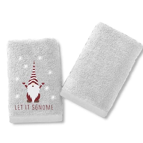 Image of Velosso Pack of 2 Christmas Hand Towels - Festive Embroidered & Plain Design, Soft & Absorbent Cotton, Perfect for Bathrooms or Kitchens, Durable & Machine Washable (Xmas Gonks White)