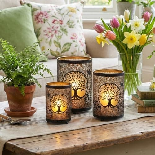 Image of TRIROCKS Tree of Life Candle Lantern 13cm&16cm&19cm High Etched Bronze Metal Candle Holder Decorations for Living Room Tabletop Parties Patio Entryway Indoors Outdoors(3PCS)