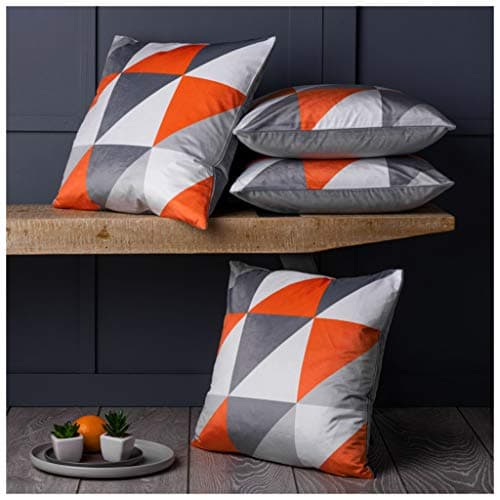 Image of Red Rainbow Modern Orange & Grey Print Geometric Design, Set of 4, 18 inch Cushion Covers