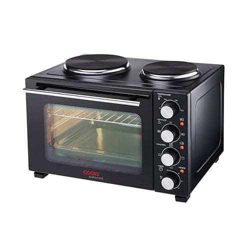 Image of Cooks Professional Mini Portable Oven with Hobs | Energy Efficient Electric Countertop Cooker with Two Hot Plate Hobs & Wire Rack Baking Tray | Kitchen Grill Ovens | 28L Capacity | Black & Silver
