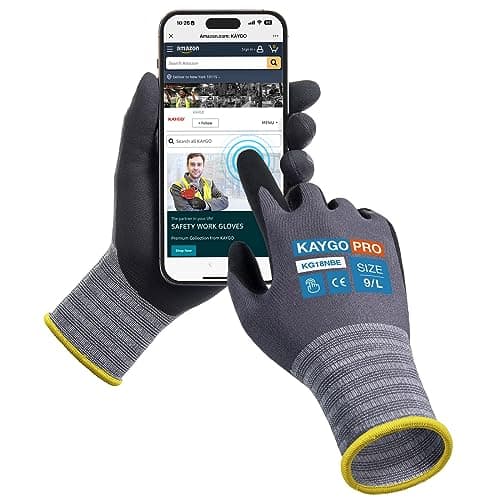 Image of KAYGO 3 Pairs Safety Work Gloves MicroFoam Nitrile Coated Touchscreen, KG18NBE, Working Gloves with Oil Resistant Grip on Palm, for Men Women, Ideal for General Purpose Automotive (Large, Grey)