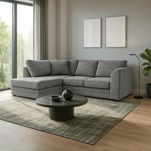 Image of Furnishings For Less UK The Quilted Chenille Grey Fabric L shaped Corner Sofa 3-4 Seater Chaise Full Back (Grey, Left Hand Facing Corner)
