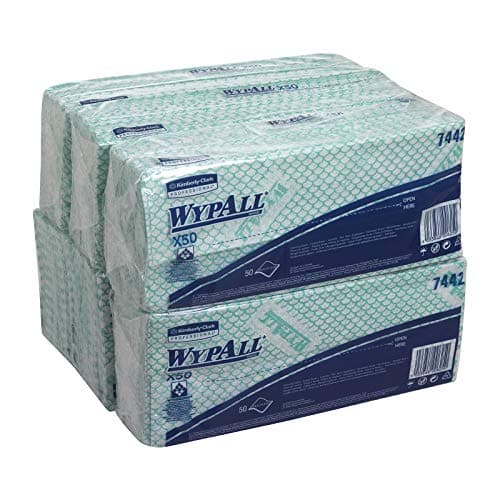 Image of WypAll X50 Colour Coded Cleaning Cloths 7442, Green Food Contact Wiping Cloths, Hydroknit Technology, 6 Packs x 50 Interfolded Wipes (300 Total)