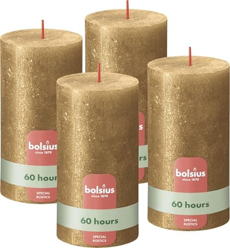 Image of Bolsius Rustic Pillar Candle - Shimmer Gold - Pack of 4 - Long Burning Time of 60 Hours - Interior Decoration - Unscented - Includes Natural Vegan Wax - No Palm Oil - 13 x 7 cm