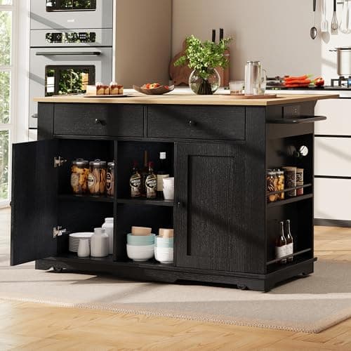 Image of FammyLoft Rolling Kitchen Island on Wheels with Power Strip, Kitchen Trolley Storage with Folding Side Board, Adjustable Shelves, 2 Drawers, Trolley with Large Cabinet for Home Kitchens, Black