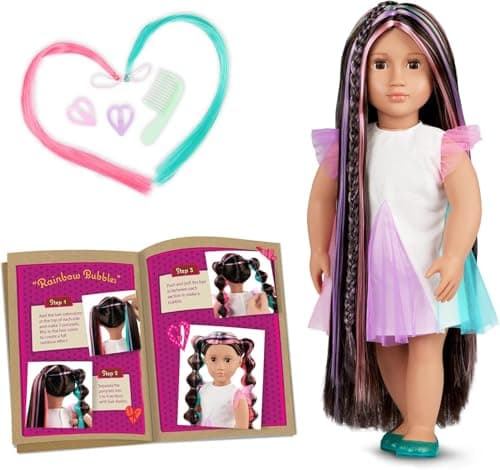 Image of Our Generation - Tina -inchFrom Hair to There-inch - Lifelike Brown Eyes & Ultra-Long Rainbow Hair - Extendable Braid & Styling Accessories - Pretend Play - Toy for Kids 3 Years +