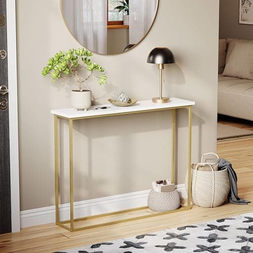 Image of Vida Designs Narrow Console Table 100cm | Slim Hallway Table for Small Spaces | Metal Frame & Wood Effect Top | Modern Entryway/Sofa Table | Easy Assembly | White & Gold