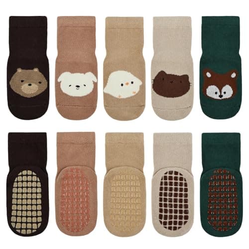 Image of Vicloon 5 Pairs Baby Socks for Boys Girls, Baby Socks with Grips, Babys Non Slip Sock, Toddler Anti Slip Cotton Sock, Medium Tube Toddler Socke Suitable Kids Aged 1-3 Years