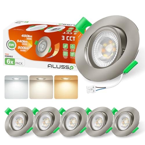 Image of ALUSSO LED Recessed Ceiling Lights 230V 6W 540lm, Downlight for Ceiling, Dimmable 3CCT Warm White 3000K Neutral White 4000K Cool White 6500K, Swivel Spotlights for Bathroom, Ø75mm Nickel 6Pack