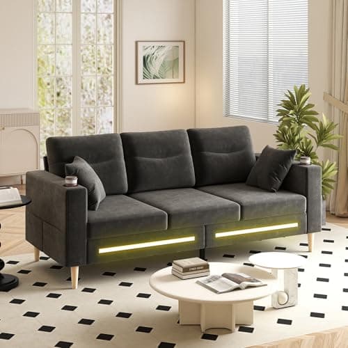 Image of 3 Seater Sofas for Living Room,Chenille Fabric Settee with LED Light,Modern Deep Seat With Cup Holders and 2 Pillows,Bilateral Pocket Storage,Wood Legs,Cloud Couch,190cm Office Couch,Dark Grey