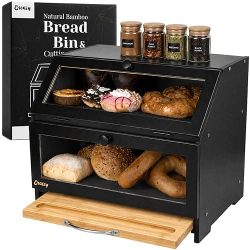 Image of Osckey Black Double Bread Bin & QUALITY CUTTING BOARD. 24L. Large Bread Box. Solid Bamboo. No MDF. An ideal Breadbin for Bread Storage. Bread Bins For Kitchen. Easy Self Assembly. (Black)