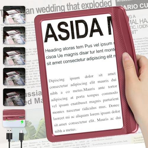Image of 5X Rechargeable Magnifying Glass for Reading, Full Page Magnifier with Dimmable LED, Lightweight HandHeld Magnifying Glass with Light for Reading Books, Newspaper, Small Print for Seniors