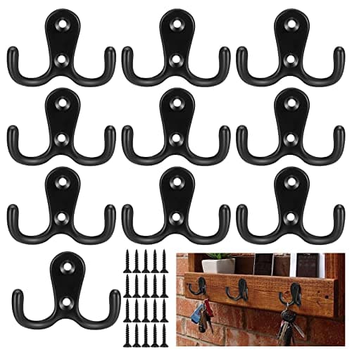 Image of XKQYX 10 Pcs Coat Hooks Heavy Duty, Double Prong Door Clothes Hooks Wall Mounted Metal with Screws for Coat, Scarf, Bag, Towel, Key, Cap, Cup, Hat, Robe Screw in Hooks - Black