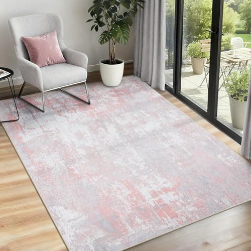 Image of INOVADAY Washable Rugs Living Room 90x150 cm Modern Abstract Rug with Soft Low Pile Vacuum Friendly Non Slip Backing Minimalist Carpet for Lounge Bedroom Dining Room Home Office Pink Grey
