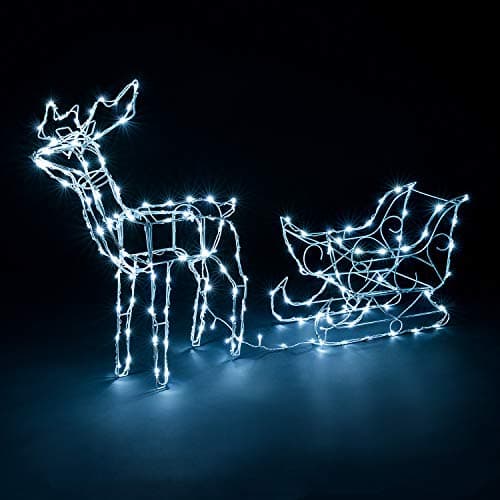 Image of Christow Christmas Reindeer Sleigh Light Up Outdoor Decoration, Energy Efficient LED White Wire Flashing Garden Silhouette, Mains Powered (197.5cm x 76cm x 34cm)