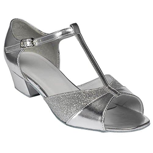Image of Tiptoes Girls Silver Hologram Ballroom Dancing Dance Shoes Style Amber (UK Footwear Size System, Big Kid, Numeric, Medium, 1)