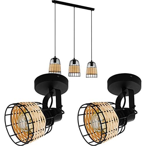 Image of Ceiling Spot Light & 2X Matching Wall Lights - Black Wire & Wicker Wood Shade - Linear Spotlight Kitchen Island Dining Adjustable Set Kit